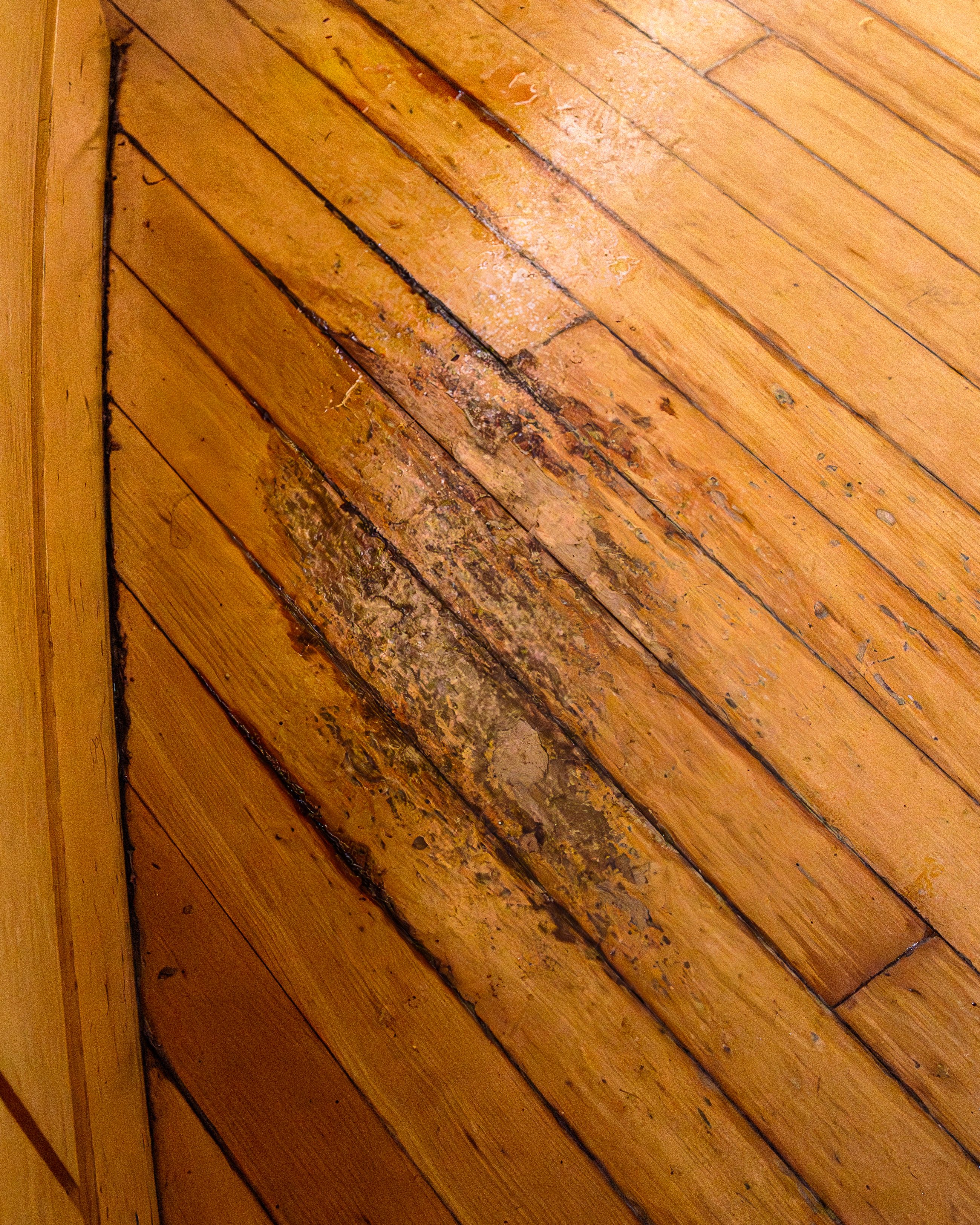 Worn floorboards running diagonally, warm light along the grain, a dark split opening between two boards.