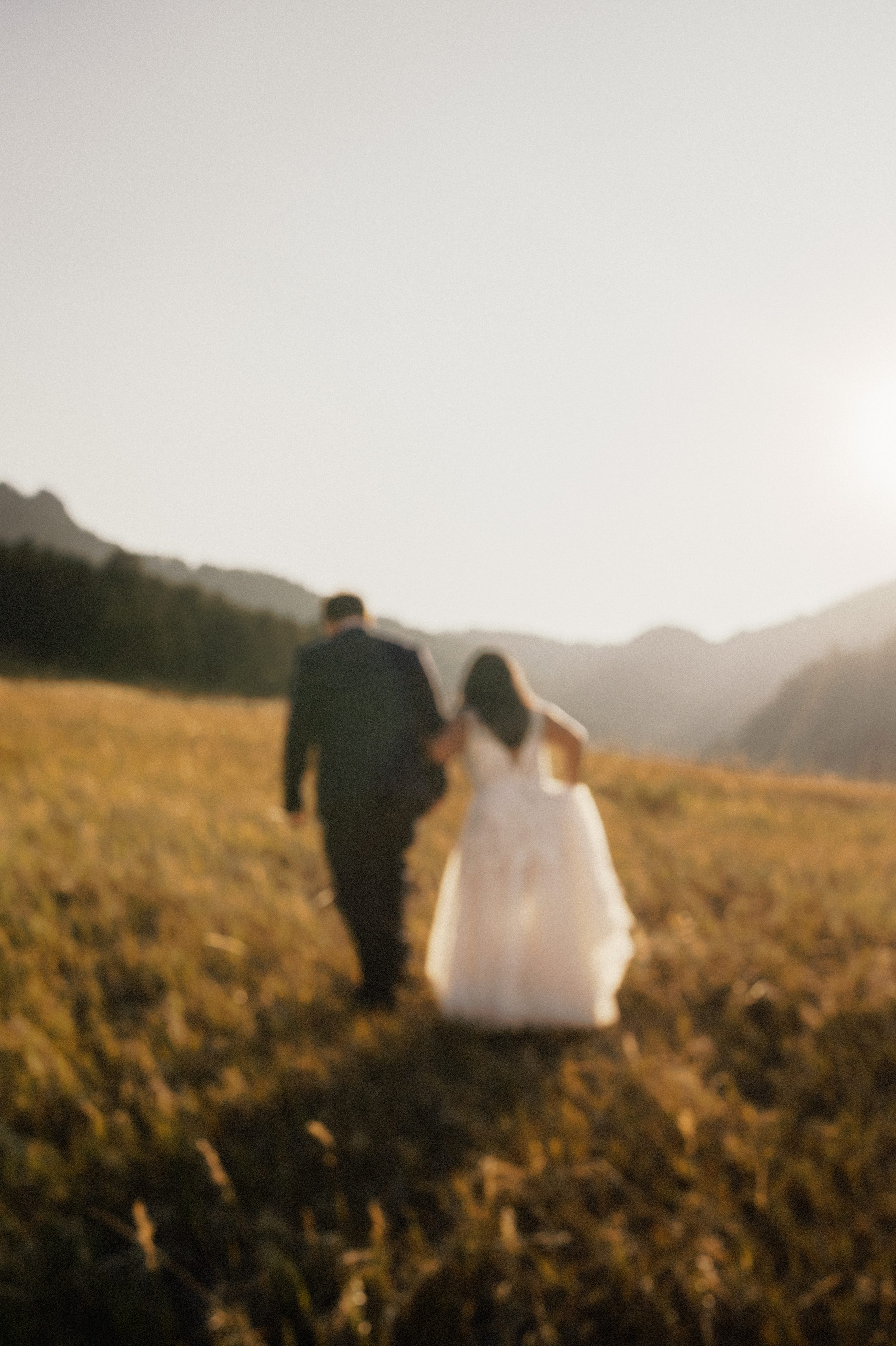 Two people walking away hand in hand through tall grass at sunset, mountains behind them, the whole frame soft with motion.